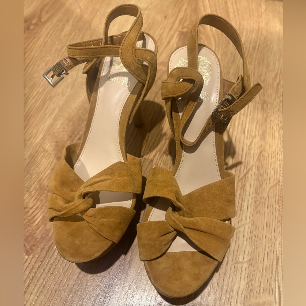 Vince Camuto Mustard Tan Suede Knot Ankle Strap Heels